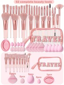 52PCS Makeup Tools Set Including:1pc Multi-Functional Zipper Toiletry And Cosmetic Bag Waterproof+30pcs Makeup Brush Sets+5PCS Makeup Sponges+5PCS Mini Makeup Sponges+5PCS Triangle Powder Puffs+5PCS Mini Air Cushion Powder Puffs+1pc Makeup Brush Cleaning Tools - Pink - View 1