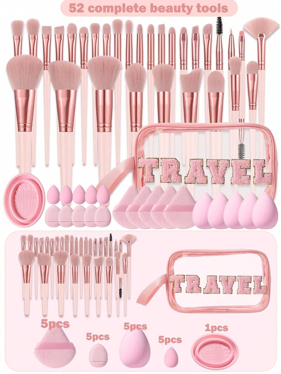52PCS Makeup Tools Set Including:1pc Multi-Functional Zipper Toiletry And Cosmetic Bag Waterproof+30pcs Makeup Brush Sets+5PCS Makeup Sponges+5PCS Mini Makeup Sponges+5PCS Triangle Powder Puffs+5PCS Mini Air Cushion Powder Puffs+1pc Makeup Brush Cleaning Tools - Pink - View 1