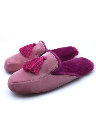 女士时尚流苏毛绒防滑宽拖鞋