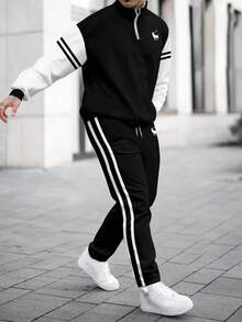 Men's Minimalist Contrast Color Print Stand Collar Pullover Sweatshirt And Pants Set - 彩色 - 查看 1