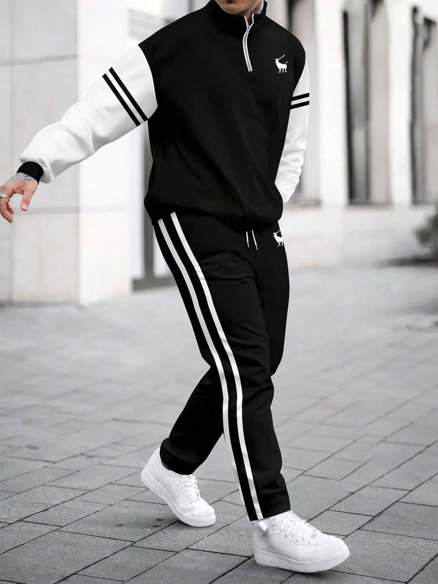 Men's Minimalist Contrast Color Print Stand Collar Pullover Sweatshirt And Pants Set - 彩色 - 查看 1