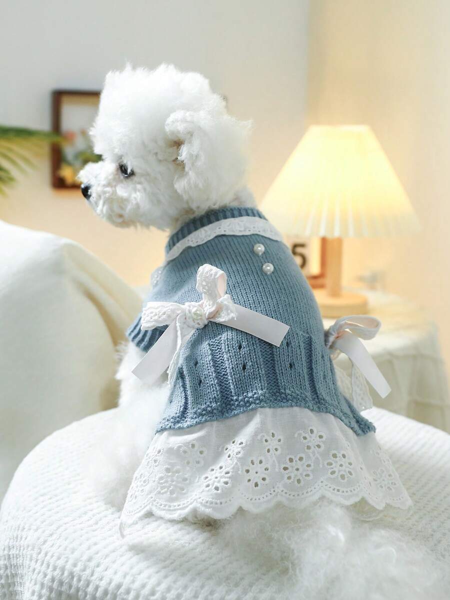 1 bucată haine pentru animale de companie, ținută drăguță pentru câini/pisici de talie mică, fustă tricotată caldă și confortabilă, albastră - Albastru - Vizualizare 1