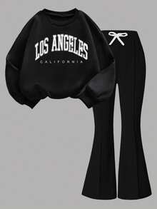 Conjunto Casual de Moletom com Gola Careca e Calça Flare com Estampa de Letra para Meninas Pré-Adolescentes - Preto - Visão 6