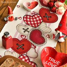Caminho de mesa para o Dia dos Namorados com botões em formato de coração, decoração sazonal para mesa de jantar e cozinha, ideal para festas em casa. - Vermelho - Ver 6