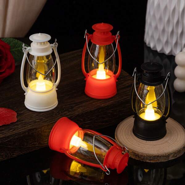 1 peça de luminária de vela eletrônica + chama realista multicolorida vintage de plástico, com estilo retrô natalino, combinação de 3 cores em vermelho, branco e preto, formato de mini lanterna clássica, com cabo de metal e detalhes de chama realistas, iluminação aconchegante para decoração de Natal, adequada para decoração de festas de Natal, detalhes para festas de Natal, criação de cenários natalinos em casa, infundindo seu espaço natalino com um ambiente de iluminação aconchegante retrô ~