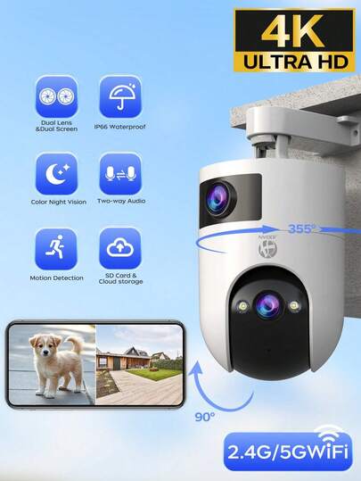 2.4G/5G Dual 2K 3MP Lens Security Camera, Indoor And Outdoor Waterproof Wireless Support 360°PTZ, Camera For Baby/Pet/Home/Shop, Support 2.4G/5G WIFI, Color Night Vision, Cloud&SD Card Storage,2-Way Audio, Smart Motion Tracking
