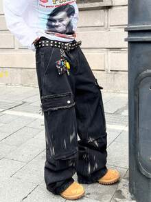 Infinite Jeans 1pc American Street Style Men's Multi-Pocket Cargo Pants Loose Wide Leg Denim Jeans All Season Fashion Versatile Long Pants (Product Does Not Include Belt And Accessories) - Black - View 5