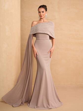 YISIKADO 女士优雅舞会礼服水钻单肩披肩无袖正式晚礼服美人鱼鱼尾下摆舞会礼服优雅婚礼宾客舞会派对宴会晚宴毕业成人仪式庆典音乐会红毯礼服