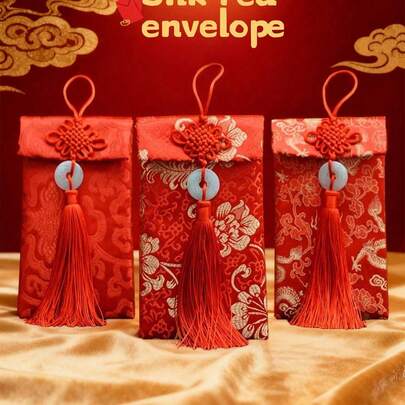 10/5/1个丝绸红包，来箫包，春节红包，带有中国元素，适用于婚礼、新年、春节。丝绸红包卡片，邀请函信封，礼品包装袋。新年、春节、生日和婚礼用红色来箫包。玉石吊坠，2026年中国新年礼物。新年快乐派对套装
