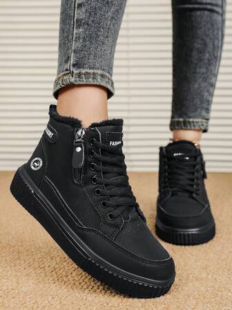 Women's Snow Boots Winter New Mid-Calf Lace-Up Warm Shoes, Outdoor Daily Commute Fluffy Lining Insulated Snow Boots, Simple Solid Black Lace-Up Zipper Design Casual Shoes, Soft Fleece Comfortable Lightweight Mom Shoes For Women In Winter