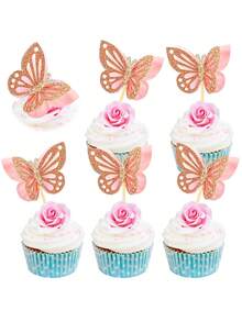 12pcs Light Red Butterfly Cupcake Toppers, Double-Layered Design, 3D Glitter, Butterfly Cocktail Picks, Suitable For Birthday, Wedding And Other Occasions - Multicolor - View 1