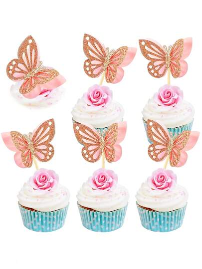 12pcs Light Red Butterfly Cupcake Toppers, Double-Layered Design, 3D Glitter, Butterfly Cocktail Picks, Suitable For Birthday, Wedding And Other Occasions