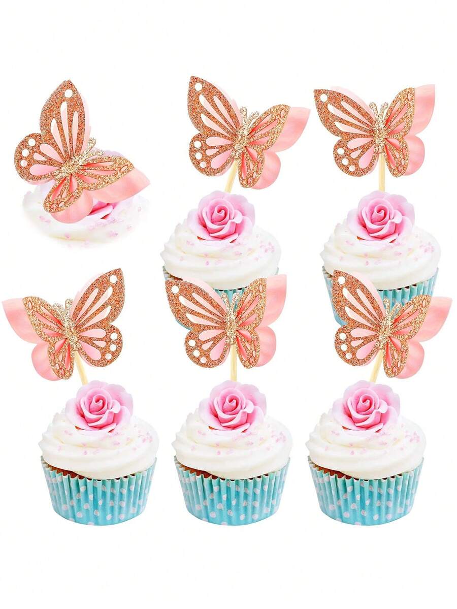 12pcs Light Red Butterfly Cupcake Toppers, Double-Layered Design, 3D Glitter, Butterfly Cocktail Picks, Suitable For Birthday, Wedding And Other Occasions - Multicolor - View 1