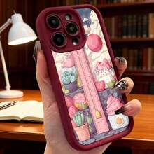 Cubierta de telefono con diseño de gato y cactus rosa para iPhone 14 Pro Max estuche protector con patrón de jardín encantador y regla decorativa ideal para amantes de los animales y plantas interiores Aplicable a teléfonos Apple y Galaxy - Burdeos - Ver 7