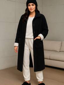 Choa Bata casual aborregada, regalo de Navidad - Vestido casual de forro polar grueso de manga larga y calientito con botones, con bolsillos, 1 pieza abrigo de casa y ropa de dormir para mujer, otoño/invierno - Negro - Ver 2