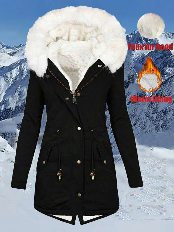 Women Winter Coat Long Sleeve Faux Fur Hood Button Down Long Coats Fall Casual Fleece Linning Warm Thermal Jackets Black