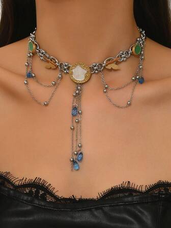 1pc Vintage Distressed Gold Butterfly & Flower Zirconia Stone Choker Necklace, Women Party Jewelry & Daily Wear