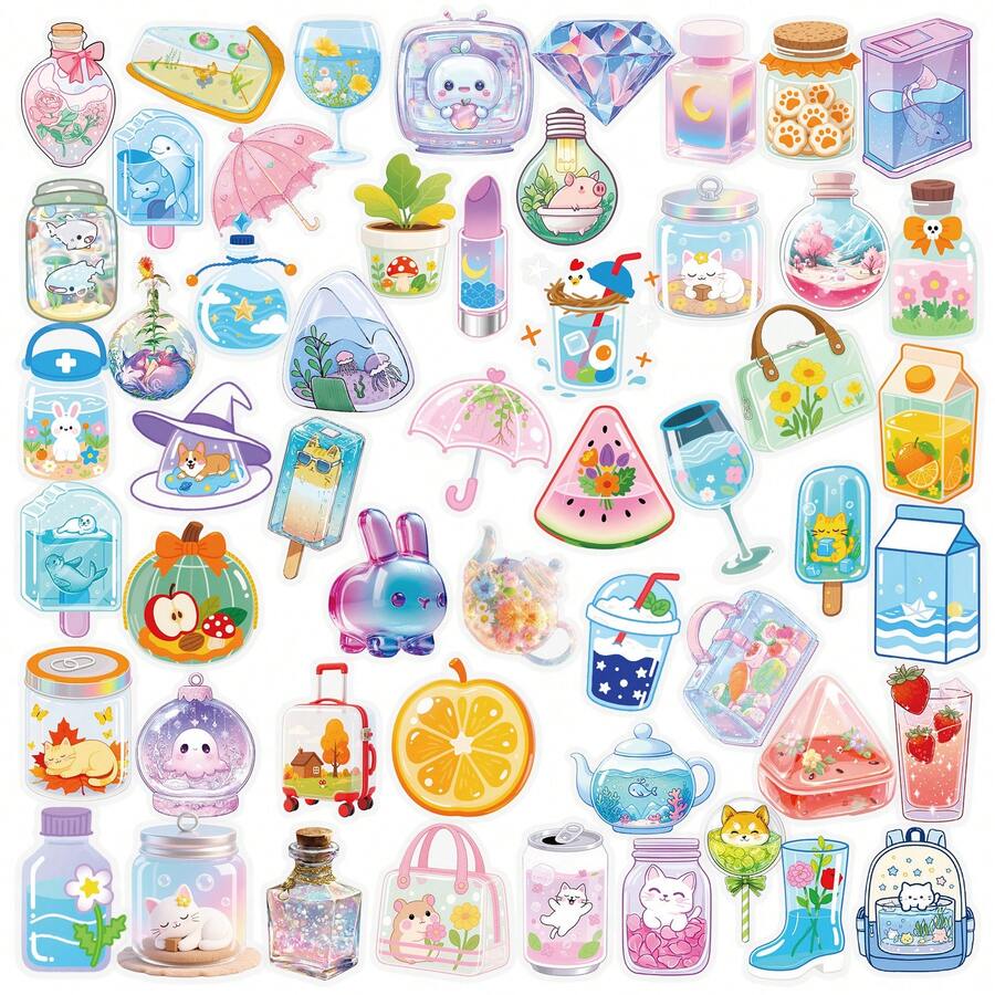 56pcs Transparent Item PET Material Series Graffiti Stickers, Suitable For Luggage, Phone Cases, Laptops, Helmets, Skateboards, Waterproof Decorative DIY Creative Stickers