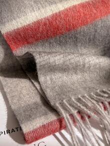100% Wool Plaid Scarf, Versatile British Style Colorblock Warm Shawl Wrap, Winter - Gray-red Grid - View 3