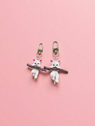 1/2 piezas Llavero de aleación con colgante de gato 3D adorable abrazando una rama, estilo de dibujos animados y lindos, decoración colgante unisex para mochila de estudiante, regalo ideal para amigos