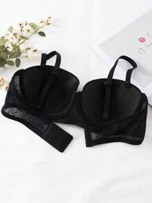 Women's Solid Color Underwire Push-Up Bra, Comfortable Patterned Balcony Cup Bra - Black - View 6