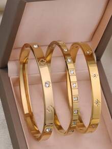 2pcs/Set 18K Gold Plated 316L Stainless Steel Four-Leaf Clover Bracelet And Ring Jewelry Set, Suitable For Women's Daily Wear, Classic European And American Floral Design, Inlaid With Cubic Zirconia, Generous And Luxurious Casual Gold Jewelry, Wedding Jewelry Set, Gift For Girls, Women, Mothers, Relatives, Friends, Beautiful Wedding, Birthday, Mother's Day, Girlfriend, Valentine's Day - 金黃色 - 查看 7