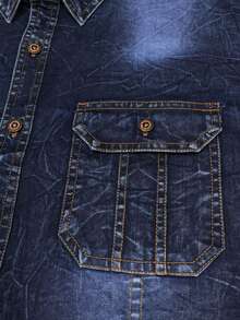 Blue Denim Long-Sleeved Shirt, Fashionable New Style, Slim Fit, Casual And Versatile, High-End Look, Double Pockets. - Xanh đậm - Xem 6