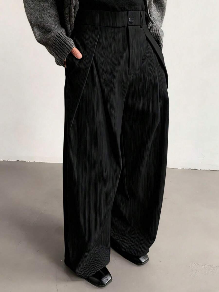 Men's Fashion Single-Button Vertical Striped Wide-Leg Pants, Black Drapey Loose Slimming Casual Trousers, Versatile For Commuting And Casual Wear - Black - View 1