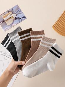 6 Pairs Women's Striped Business & Casual Socks With Elastic Band, Soft, Comfortable, Fashionable & Elegant Mid-Calf Socks For Daily Wear
