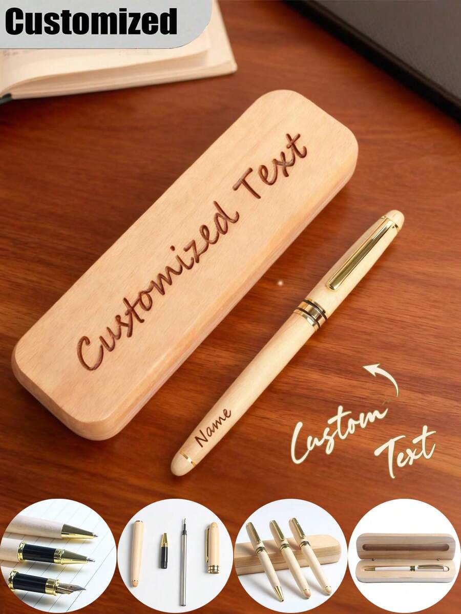 Custom Engraved Text Ballpoint Pens Personalized,Personalized Engraving Custom Bamboo Pen Set, Wood Pen Gift Box , Customized Name Ballpoint Pen, Personalized Engraving Pen, Customizable Nice Pens For Writing