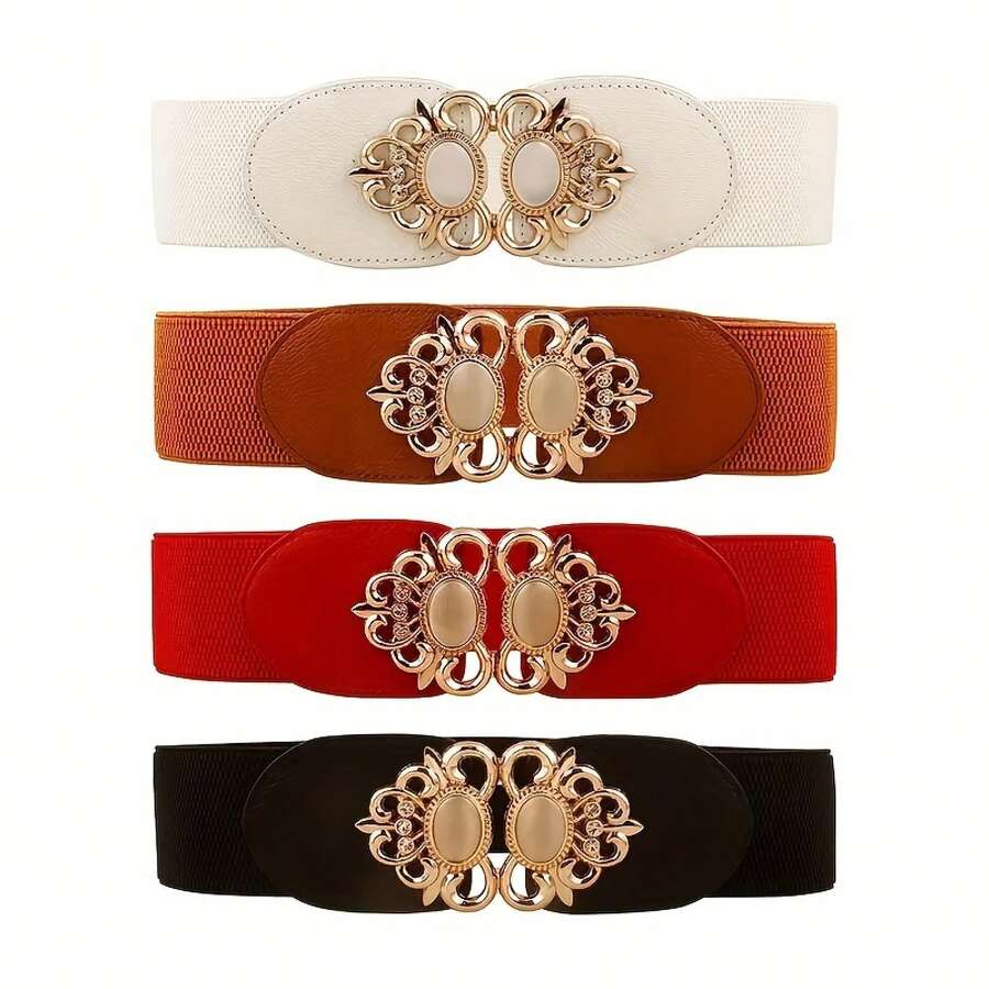 Opal Inlaid Buckle Elastic Wide Belt Elegant Solid Color Belt Classic Dress Coat Belt For Women Travel Preppy Style For Back To School Plain PC Rimless - Black - View 1