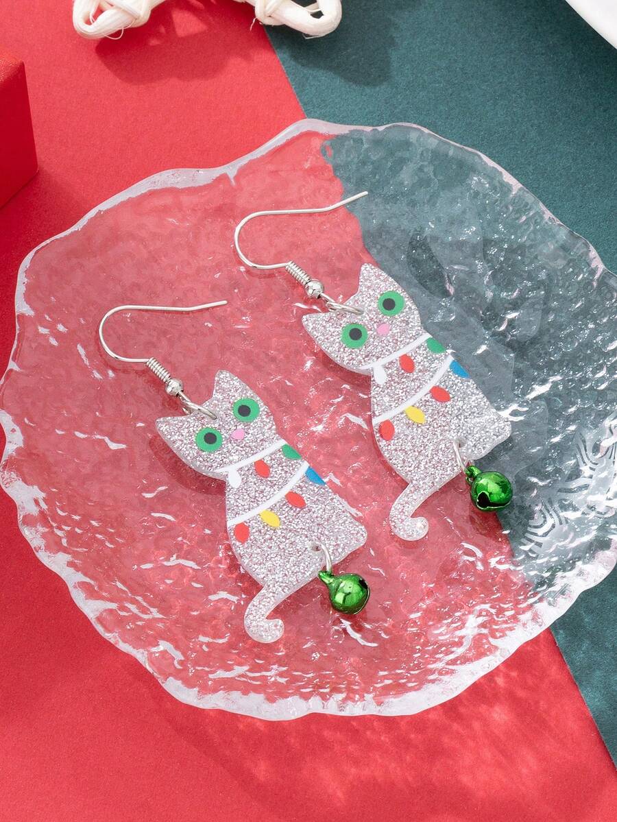 1 Đôi bông tai hình mèo hoạt hình in trên chất liệu acrylic, thời trang và dễ thương, phù hợp cho phụ nữ dùng trong các dịp lễ hội và đeo hàng ngày. - Bạc - Xem 1