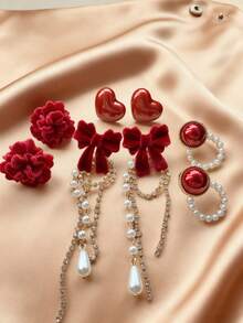 4-5对套装 简约别致新年红色方形水晶流苏植绒蝴蝶结花朵耳环，时尚仿珍珠几何复古耳环套装，适合女性圣诞节、情人节、日常佩戴 - 紅色 - 查看 8
