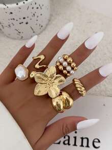 Bộ 6 chiếc nhẫn kim loại vàng sáng tạo cổ điển thiết kế hoa và đá giả, nhẫn trang trí ngọc trai giả thanh lịch, bộ nhẫn xếp chồng dày phong cách Punk tối giản, thích hợp cho phụ nữ trang trí hàng ngày, phối trang phục, hẹn hò, tiệc tùng, quà tặng ngày lễ - Bộ nhẫn ngọc trai hoa - Xem 17