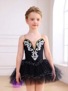 Mdnmd Ballet Leotards For Girls Ballerina Swan Lake Dance Pancake Platter Tutu Ruffle Sleeve Floral Print Gymnastics Leotard Ballet Tutu - 黑色 - 查看 4