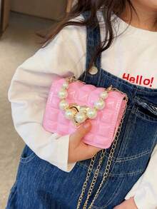 Rhombus Pattern Fashion Mini Pearl Chain Handbag, Mini Children's Shoulder Crossbody Bag, Small Square Bag - Pink - View 3