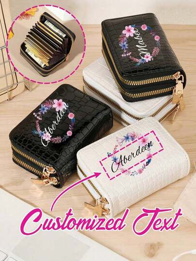 1pc Customized Name Double Zipper Wallet With Wreath Pattern, Credit Card Holder Wallet, Leather Wallet For Women, Travel Wallet With Zippers, Anti-Theft Zipper Wallet, Available In Black And White, Large Capacity Wallet, Suitable For Parties, Shopping, Travel, And Other Occasions, Can Be Given As A Gift On Any Occasion