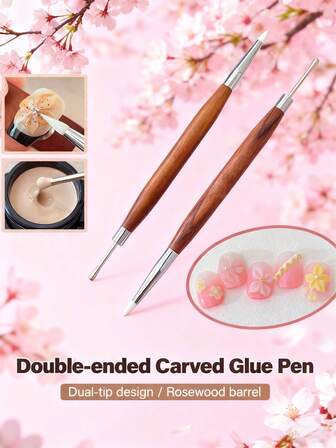 2Pcs/1Pc Double-Headed Engraved Glue-Painting Pen, Multi-Functional Double-Headed Embossing And Painting Glue-Drawing And Glue-Taking Pen, Sandalwood Handle Double-Headed Engraved Glue-Painting Pen, Nail Art Tool, Can Paint Cherry Blossom Painting For Japanese-Style Nail Art Brush