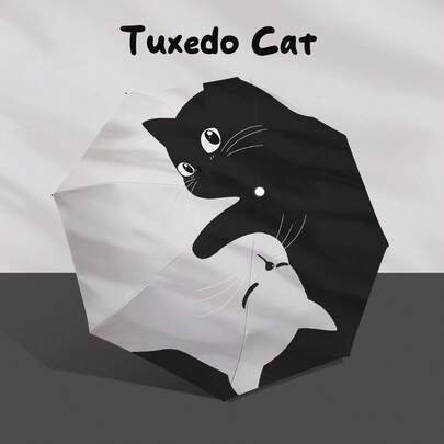 黑白猫自动伞，8根加固伞骨，黑色涂层，适合日常使用，防晒防雨，春夏之选，伴娘礼物，房间装饰，卧室装饰，海滩，旅行，男女皆宜，度假必备