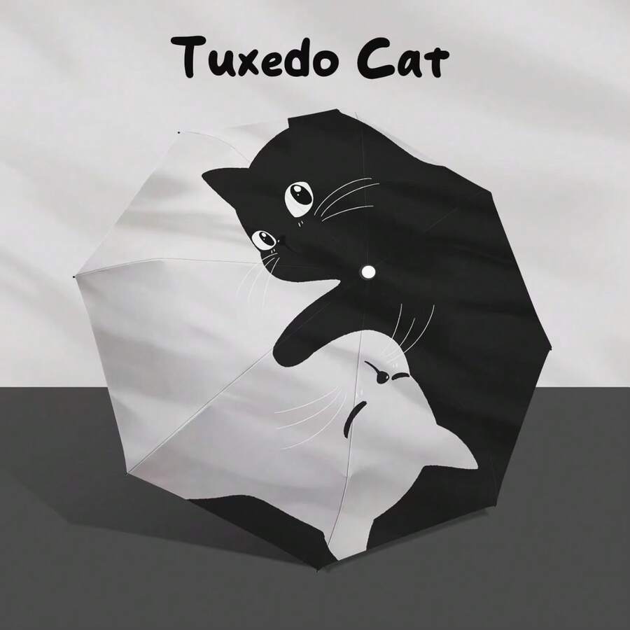 黑白猫自动伞，8根加固伞骨，黑色涂层，适合日常使用，防晒防雨，春夏之选，伴娘礼物，房间装饰，卧室装饰，海滩，旅行，男女皆宜，度假必备 - 彩色 - 查看 1
