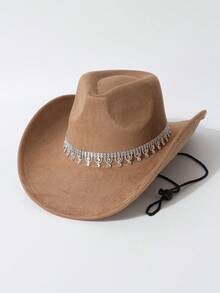 1顶男女通用高品质水钻帽带装饰宽檐帽，西部牛仔风格，时尚简约软呢帽，适合日常佩戴、派对、西部主题活动、聚会、角色扮演、毕业典礼、化装舞会、节日、生日、音乐会等场合。 - A - 查看 13