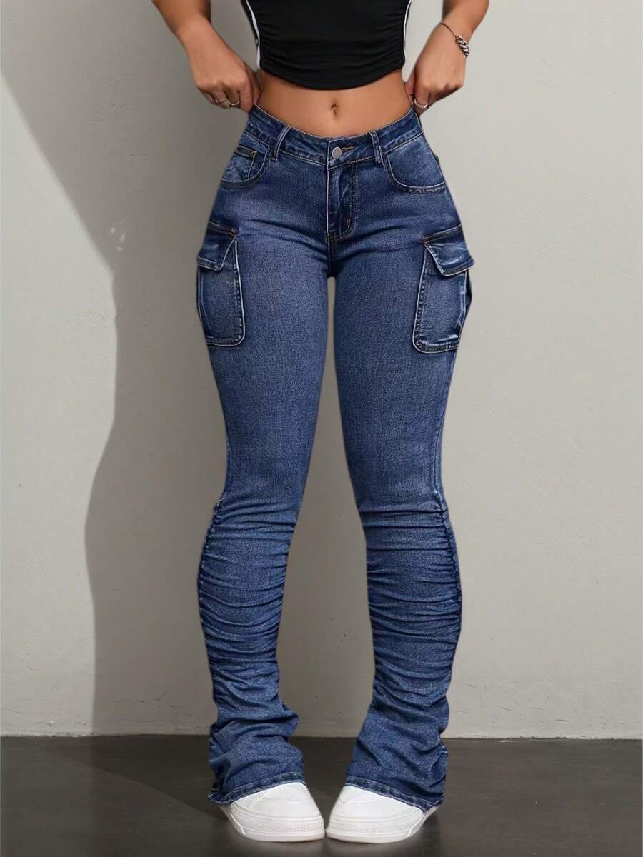 Women's Denim Work Pants, Multi Pocket Pleated Jeans - 藍色 - 查看 1