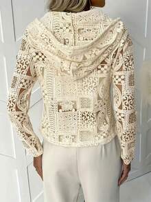 جاكيت كاجوال بغطاء رأس مجوفة مصنوعة بالكروشيه بأكمام ثلاثة أرباع وياقة دائرية مزينة بشراريب - لون مشمشي - مشاهدة 2