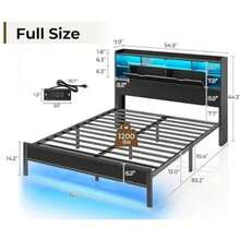 Base Cama Led Con Estante Y Estación Carga,Base Cama Matrimonial Plegable con Storage, Puertos USB y de Carga, Luces LED, Ideal para Recámara Moderna, Full 211*139*113 - Negro - Ver 2
