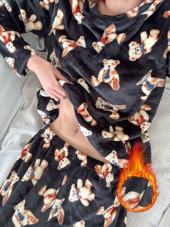 Nina Bonheur 2件套女士小熊印花抓绒长袖上衣和裤子睡衣套装 - 舒适休闲睡衣家居服，蓬松冬季服装