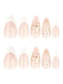 24 Pieces Per Set, Classic White French Floral Design, High Cost-Performance Personalized And Fashionable Artificial Nails, French Floral Almond-Shaped Design, 3D Water Diamond Metal Bead Decoration, Suitable For Ladies And Girls, Perfect For Parties, Dates And Vacations. Including Nail Care Tools. Change The Shape Of The Nails. Nail Care Products. Nail Art Tools. A Beginner In Manicure - 白色JP4089 - 查看 2