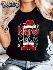 Camiseta de manga corta impresa de Santa Claus para hombres y mujeres, cuello redondo negro, ajuste holgado, talla grande, camiseta de algodón de alta calidad con diseño de gorro y botas de Santa, regalo festivo para abuelas, perfecta para fiestas navideñas familiares y noches acogedoras de invierno, tallas S-3XL - Negro - Ver 2