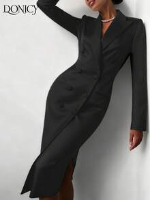 DONICY Women's Elegant Black Double-Breasted Solid Color Blazer Jacket, Fashionable Casual Long Coat With Buttons, Autumn/Winter