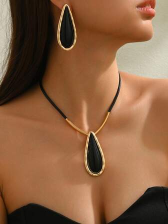 3件套极简金属风格项链+耳环套装，欧美时尚波西米亚风几何水滴心形吊坠项链，适合日常、派对、节日佩戴