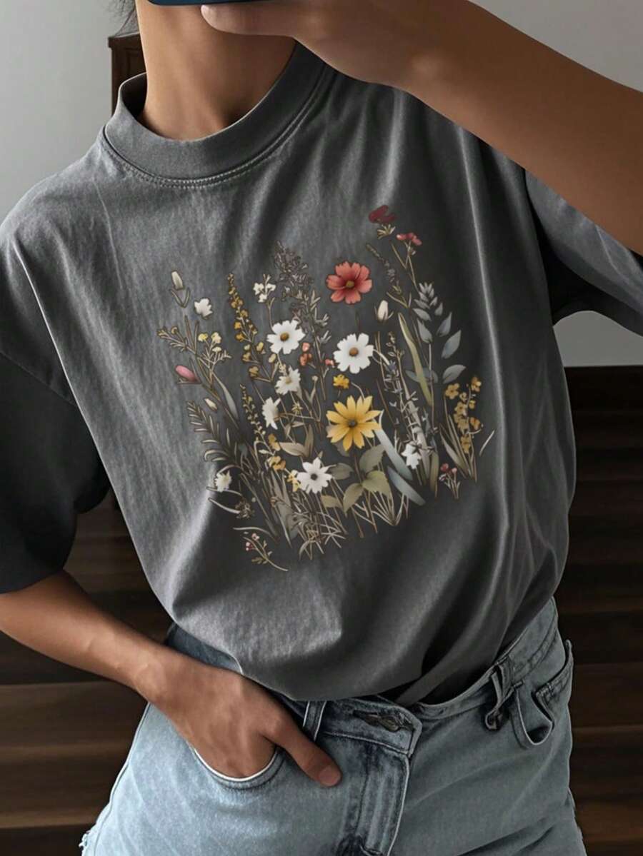 1pc Girls Casual Printed Loose Fit Crew Neck Short Sleeve T-Shirt, Artsy Tee For Student Summer, Inspiring Creativity And Self-Expression - Dark Grey - View 1